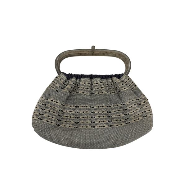 Vintage Antique 60's Style Macrame Top Handle Bag*Beautiful Navy Silver Threads - Picture 2 of 13